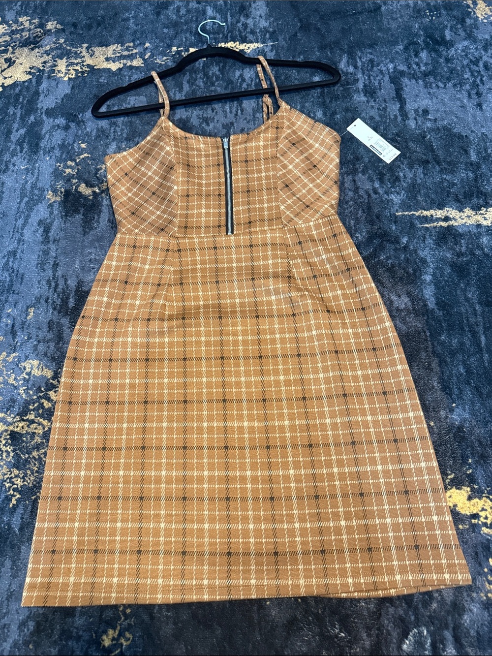 No Boundaries Camel Plaid Spaghetti-Strap Mini Dress